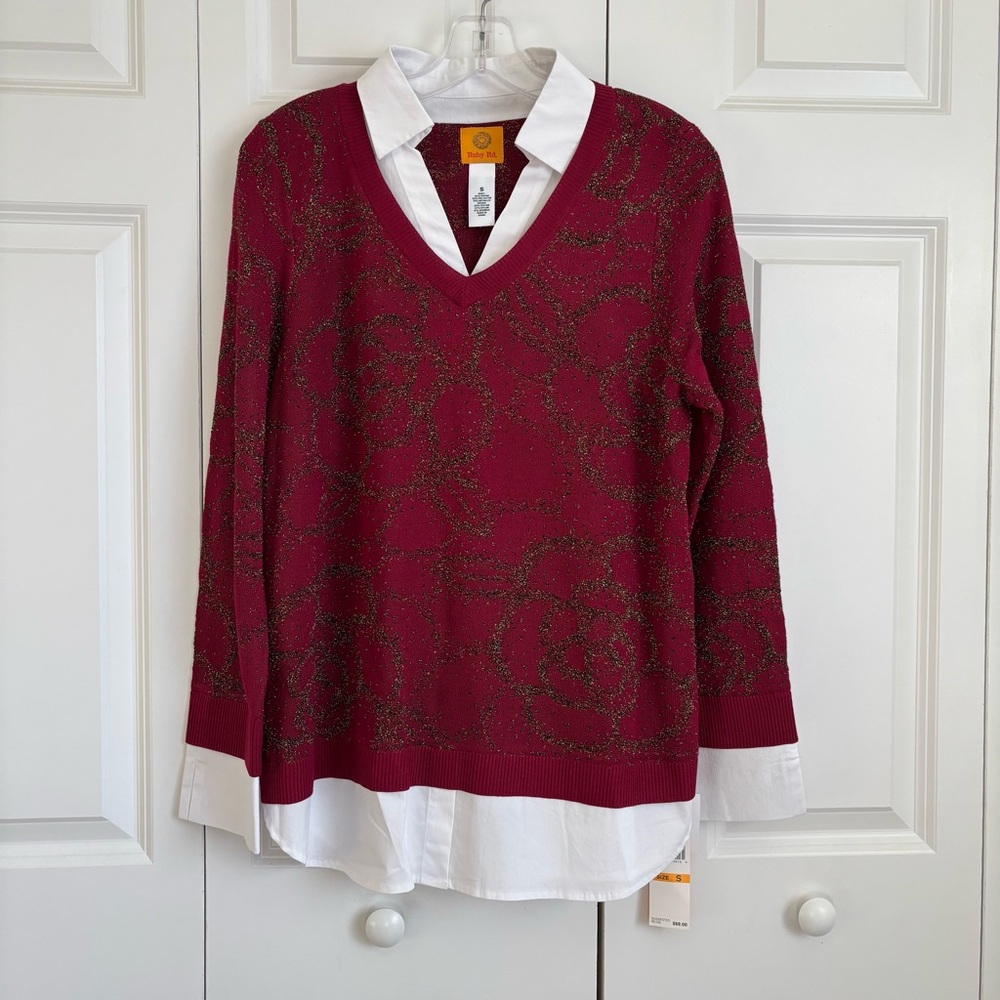 Red V-Neck Sweater with White Collar